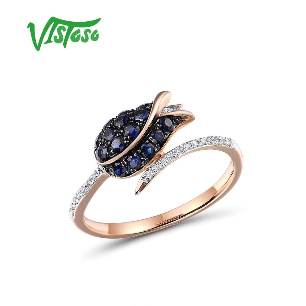 Pure 14K 585 Rose Gold Ring for Women Ring Shining Diamond Blue Sapphire Luxury Wedding Engagement Elegant Fine Jewelry