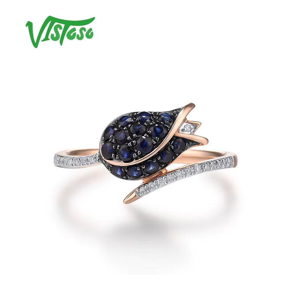 Pure 14K 585 Rose Gold Ring for Women Ring Shining Diamond Blue Sapphire Luxury Wedding Engagement Elegant Fine Jewelry