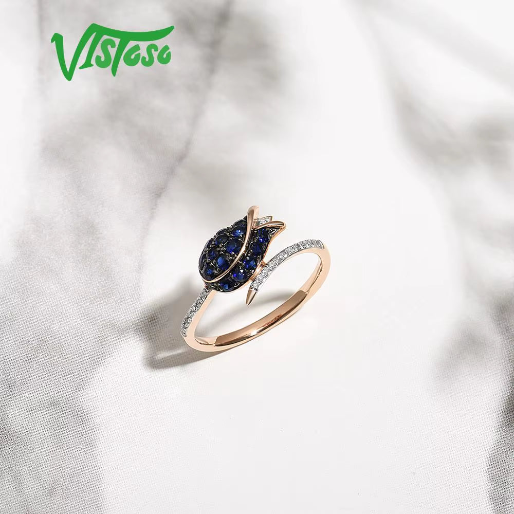 Pure 14K 585 Rose Gold Ring for Women Ring Shining Diamond Blue Sapphire Luxury Wedding Engagement Elegant Fine Jewelry