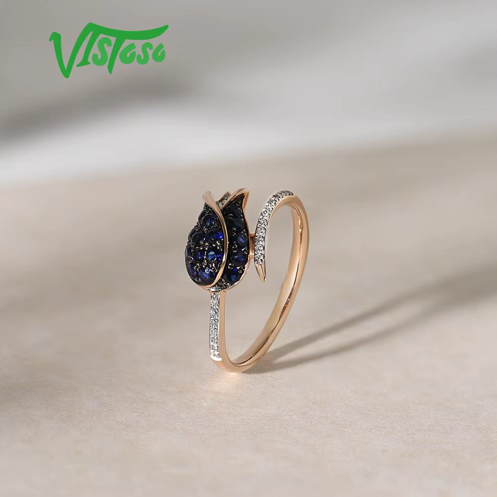 Pure 14K 585 Rose Gold Ring for Women Ring Shining Diamond Blue Sapphire Luxury Wedding Engagement Elegant Fine Jewelry