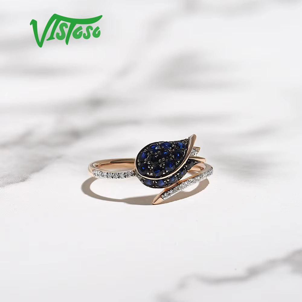 Pure 14K 585 Rose Gold Ring for Women Ring Shining Diamond Blue Sapphire Luxury Wedding Engagement Elegant Fine Jewelry